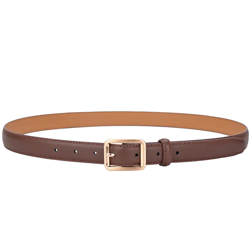 Brown leather belt with a gold buckle on a white background