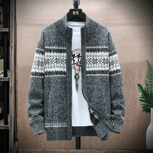 Gray patterned cardigan on a mannequin against a neutral background
