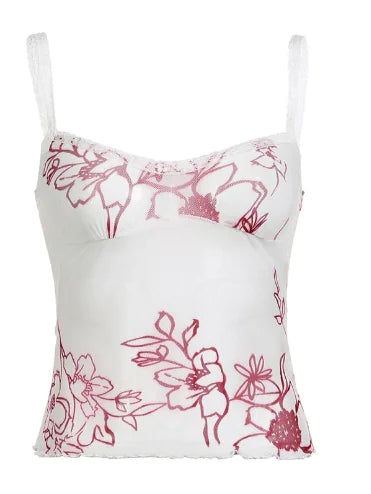 Women’s Mesh Halter Top – Floral Print, Low-Cut Tank
