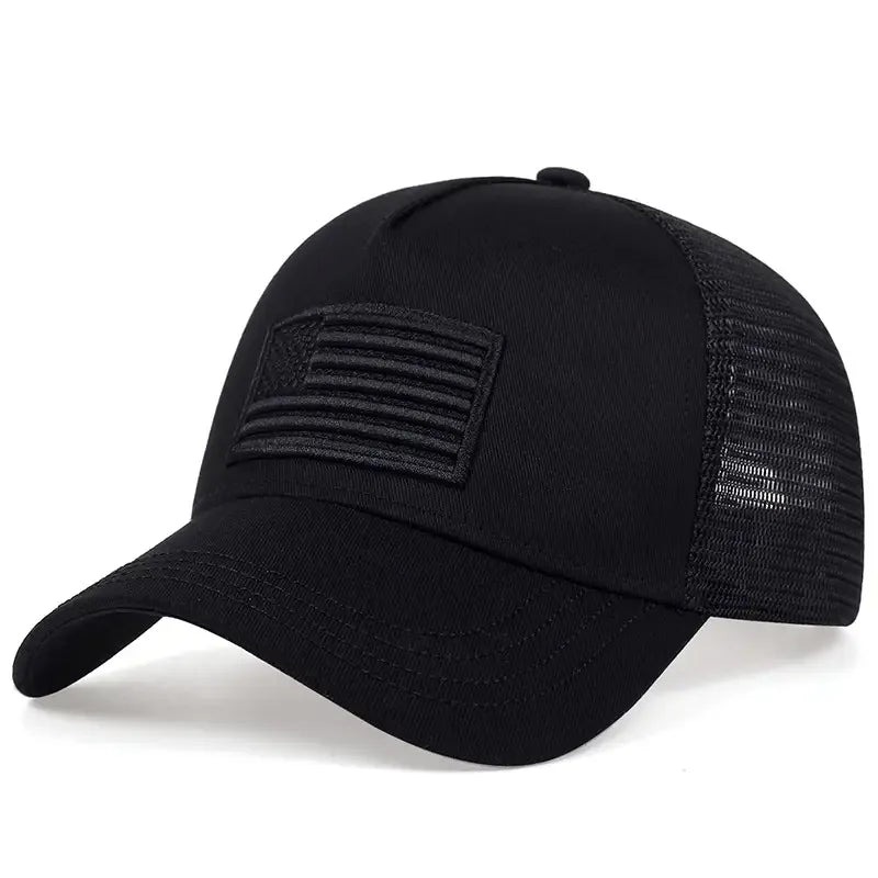Black mesh cap with American flag patch on a white background