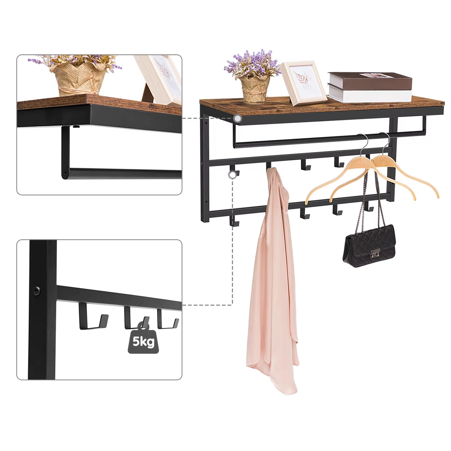 Coat Rack Wall-Mounted, Coat Hook with 10 Hooks and Shelf Hanging Rail, for Entryway, Bathroom, Living Room, Laundry Room