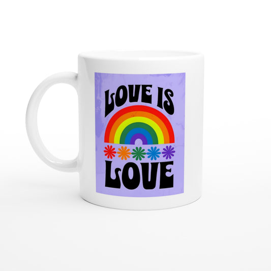 White mug with a rainbow and 'Love is Love' text on a purple background