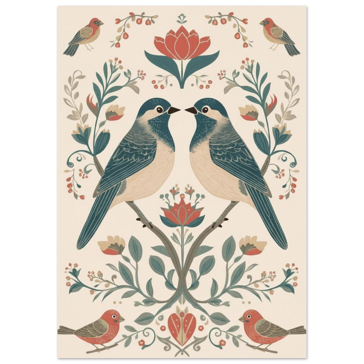 Close-up of Scandinavian folk art bird poster showing detailed floral and symmetrical design