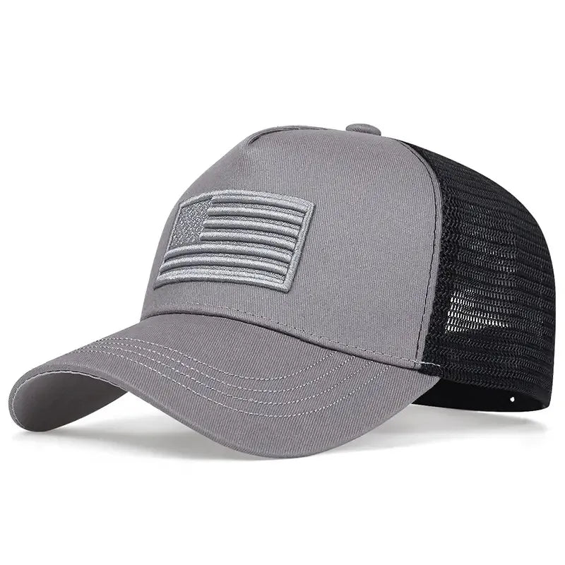 Gray and black cap with American flag patch on a white background