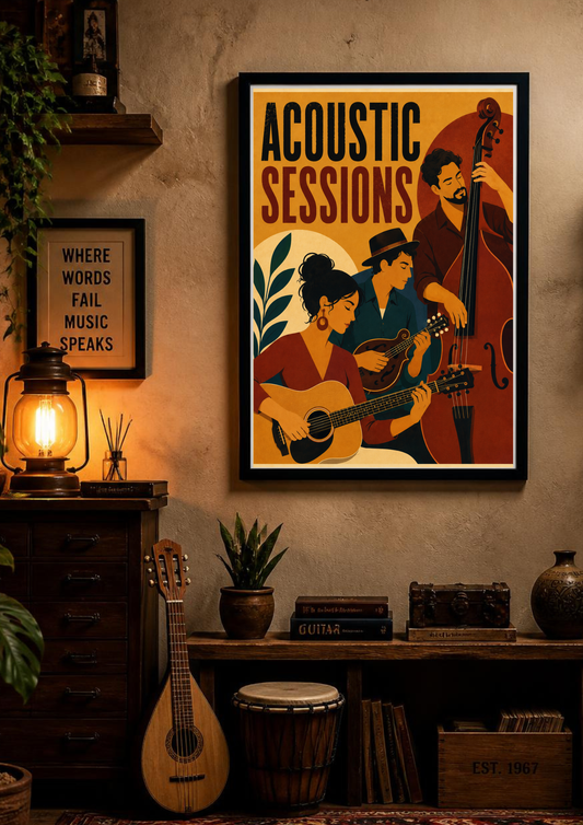 A framed retro-style poster reading 'ACOUSTIC SESSIONS' hangs on a textured wall above a wooden shelf with a mandolin, drum, books, and decor. The poster shows three musicians playing acoustic instruments in warm yellow, red, blue, and cream tones.