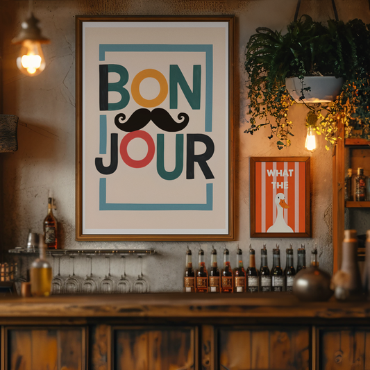 Bar setting with 'Bonjour' poster and framed picture on the wall.