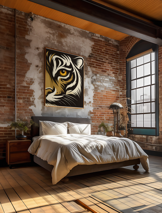 Modern bedroom with brick wall, tiger artwork, and wooden floor.