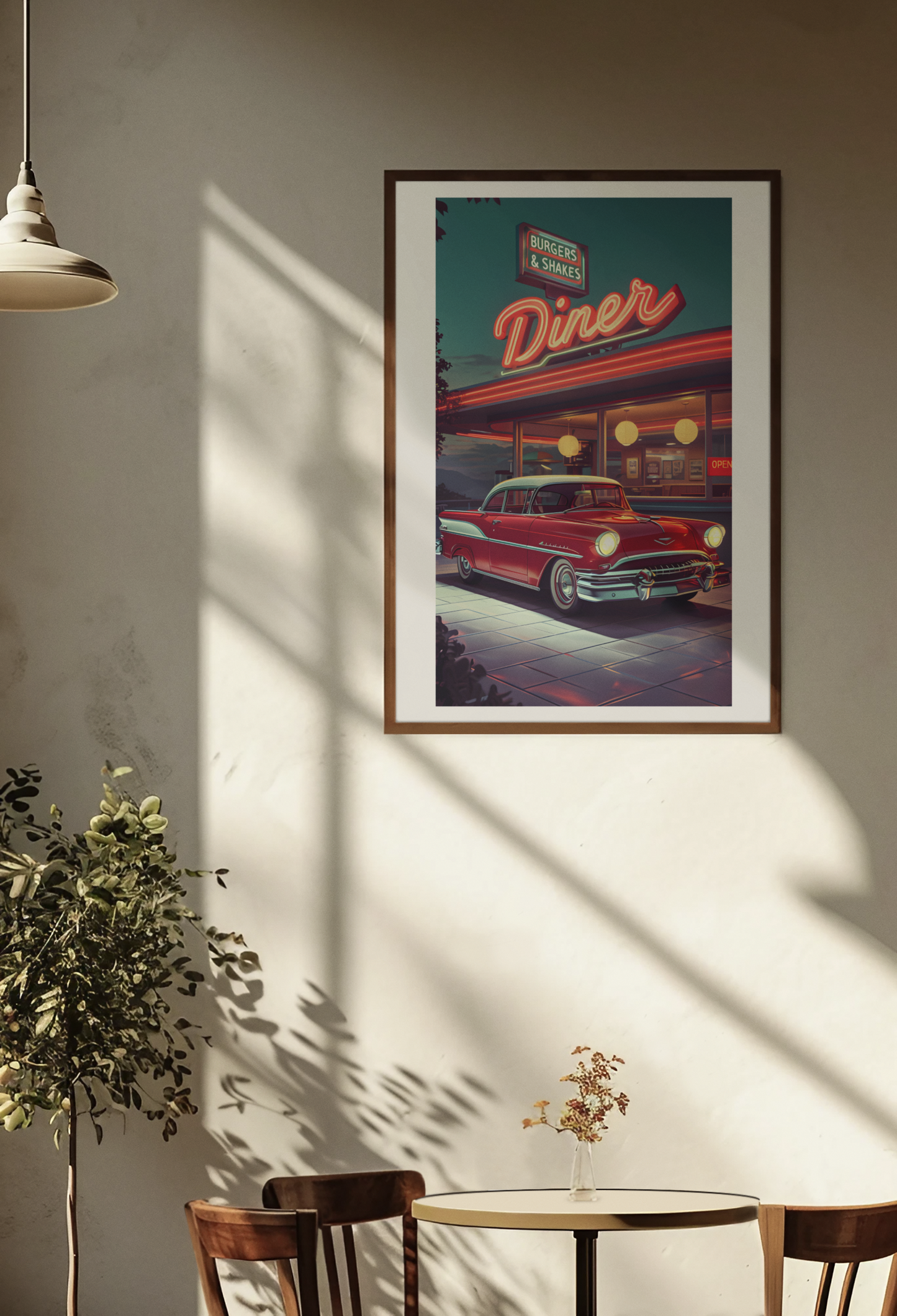 Vintage Red Car and Retro Diner Poster - Classic Americana Wall Art on Semi-Glossy Paper