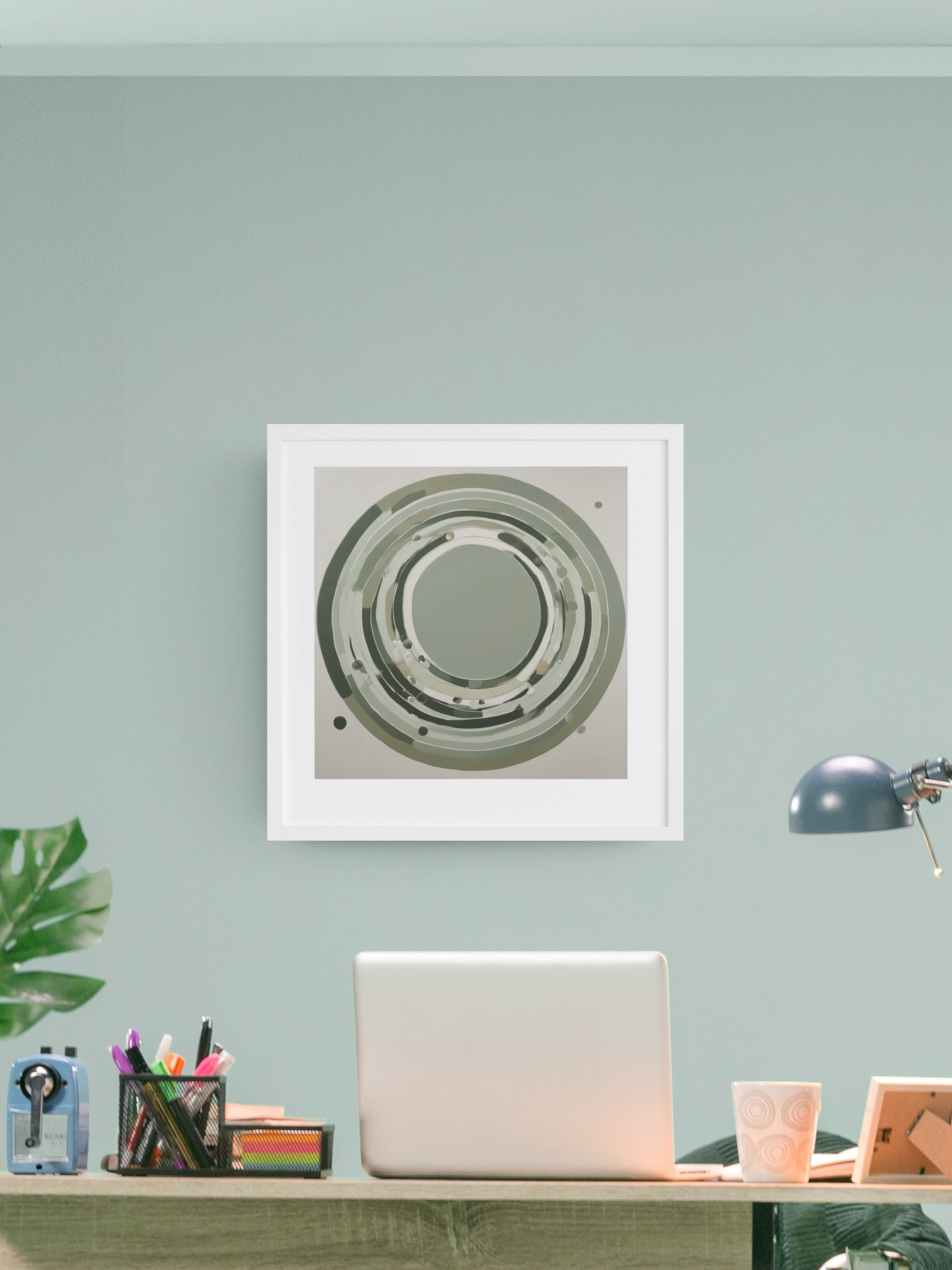 Sage Green Circular Abstract Framed Poster – Minimalist Geometric Wall Art