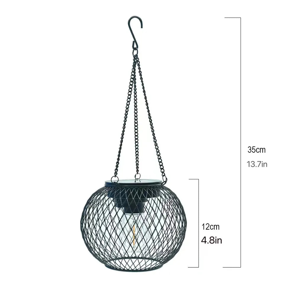 Black wire hanging planter with dimensions on a white background