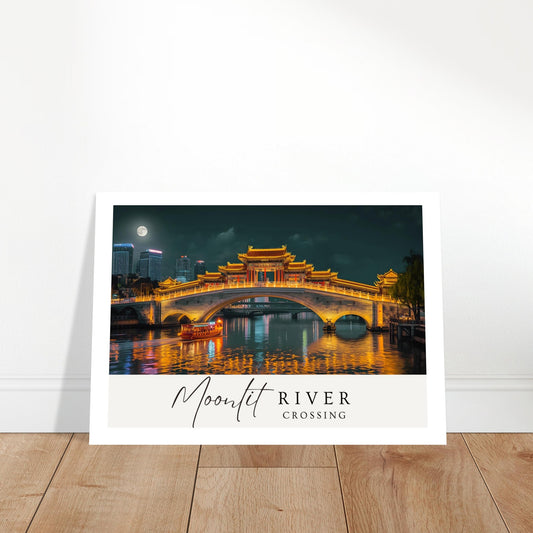Poster of a moonlit river scene with a bridge and boat, titled 'Moonlit River Crossing'.