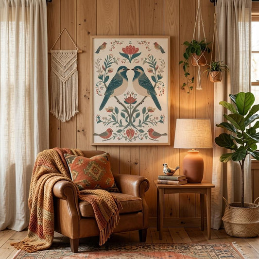 Scandinavian folk art bird poster with sage and coral tones displayed in cosy living room with warm lighting