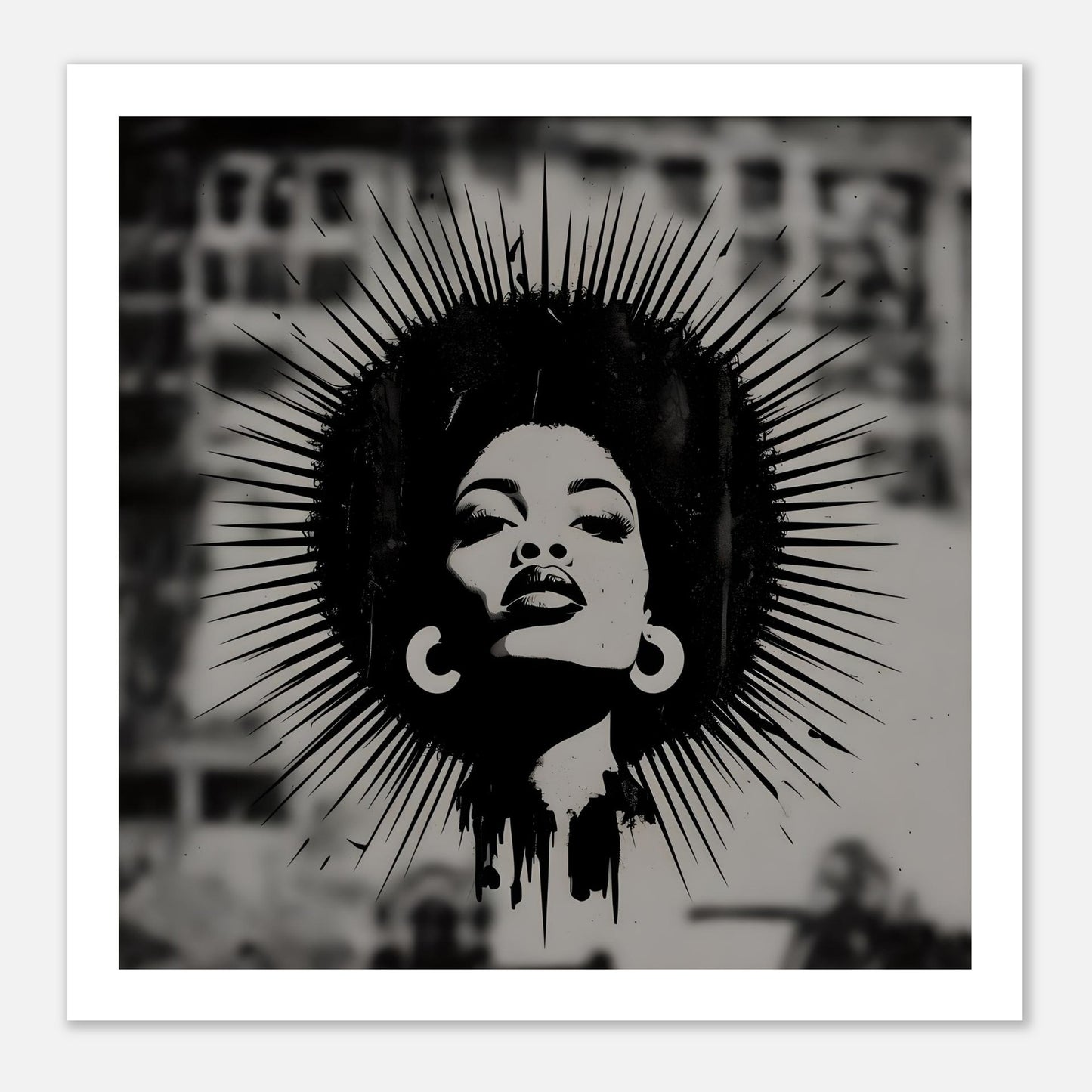 Afro Woman Silhouette Poster – Grayscale Art Print with Halo