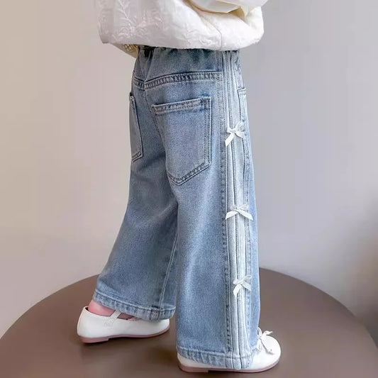 Girls Bow Jeans – Light Blue Loose Denim Pants with Bow Detail
