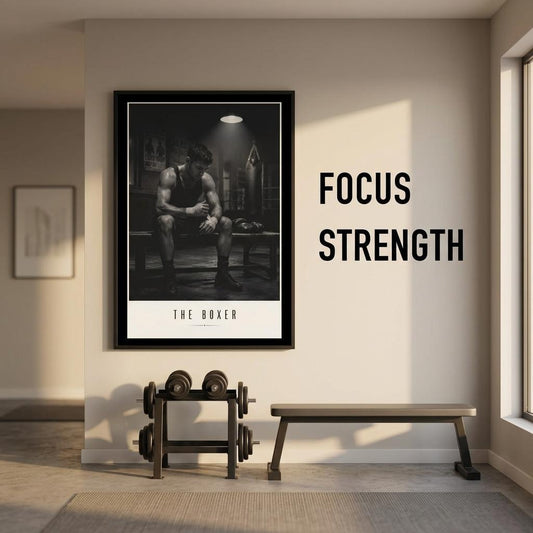 The Boxer cinematic boxing poster displayed above a gym bench, showcasing a monochrome athlete portrait in a contemporary workout space.