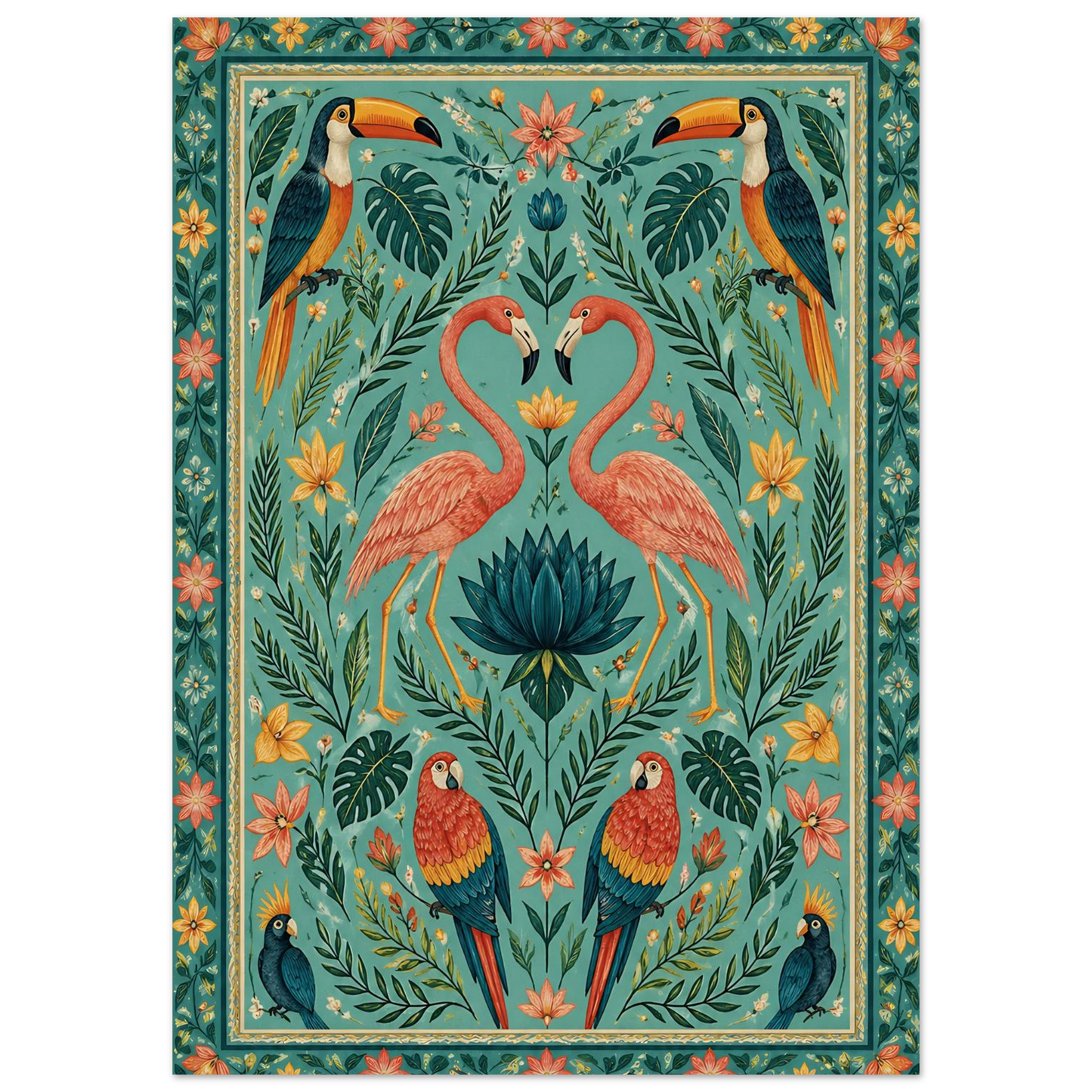 Flamingo and toucan folk art print
