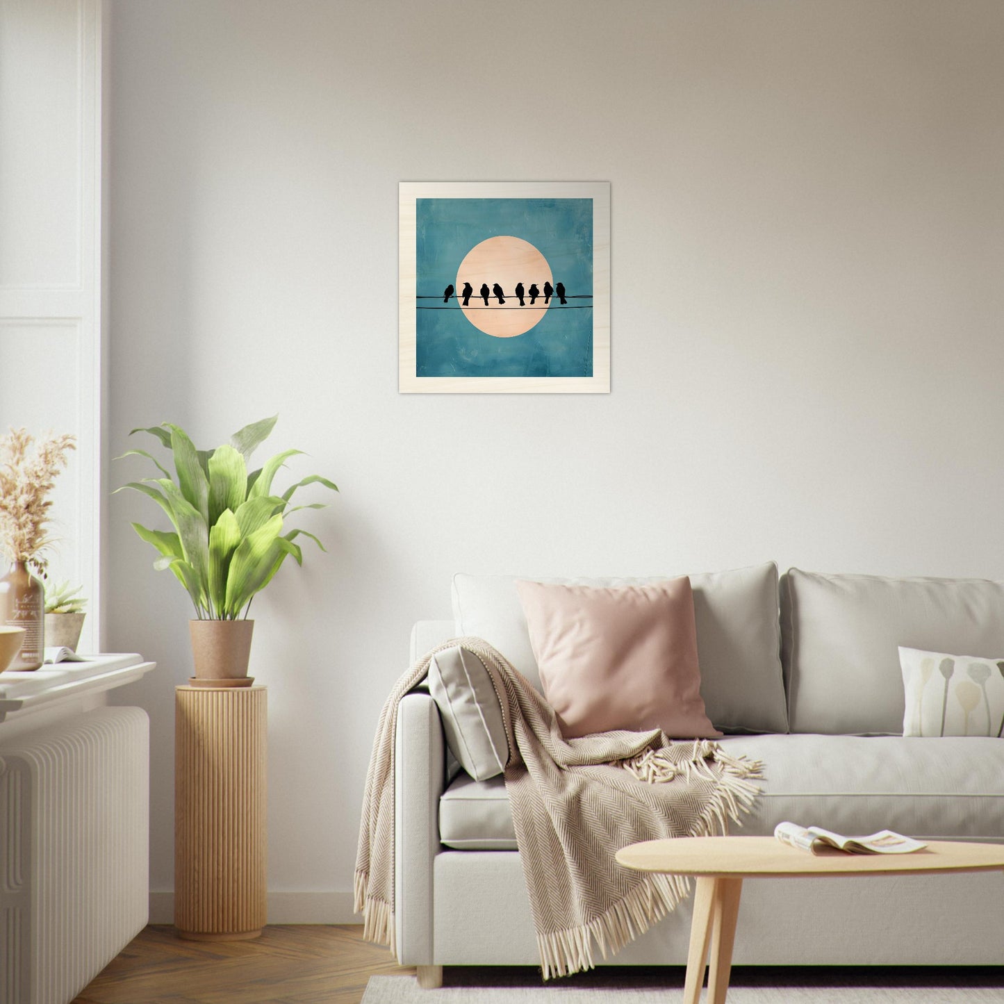Wooden artwork of birds on a wire with a moon in the background