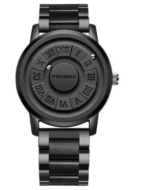 Black watch with Roman numeral design on a white background