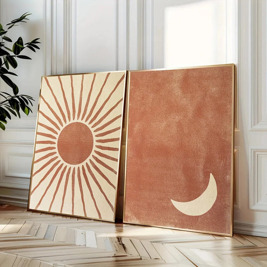 Abstract boho wall art showing moon and sun shapes on beige clay background – unframed posters
