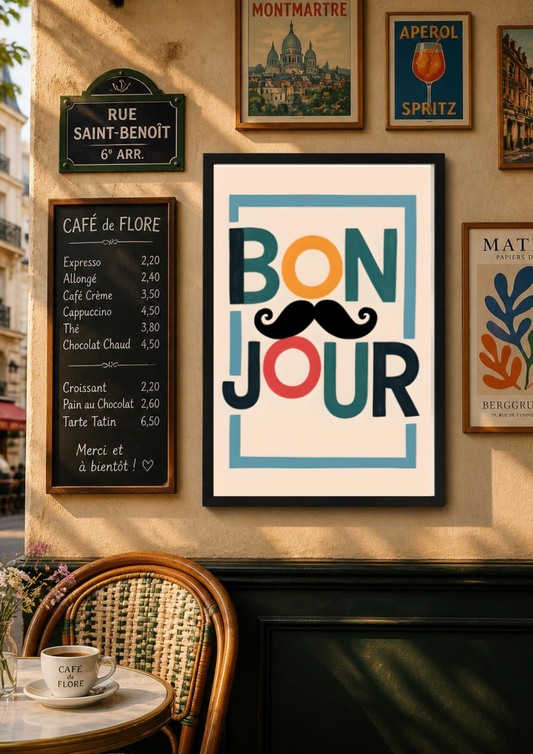 French Bonjour typography poster displayed inside a stylish Parisian café with vintage menu board, wall art and coffee table, creating a warm French bistro atmosphere.