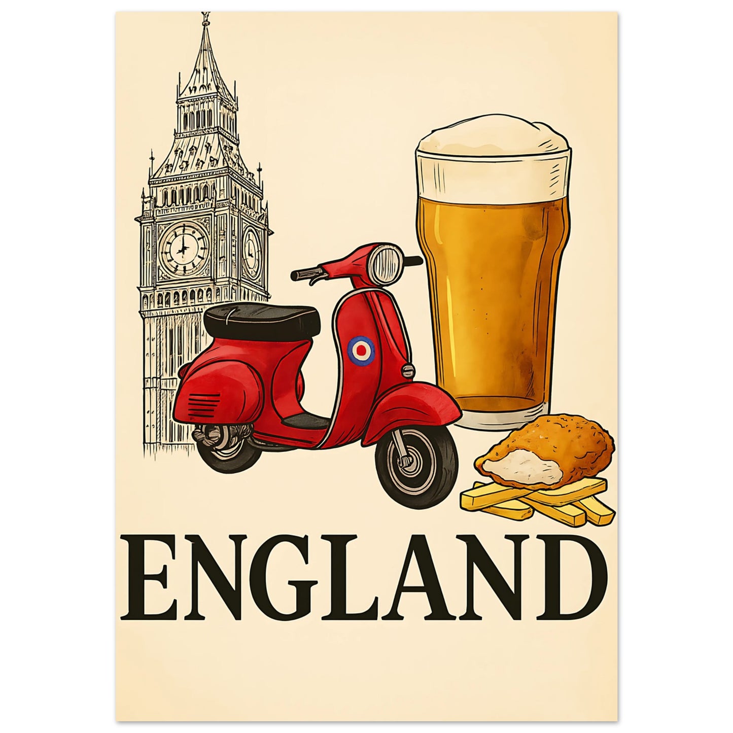 Classic England Poster - Vespa, Big Ben & Beer - British Retro Decor