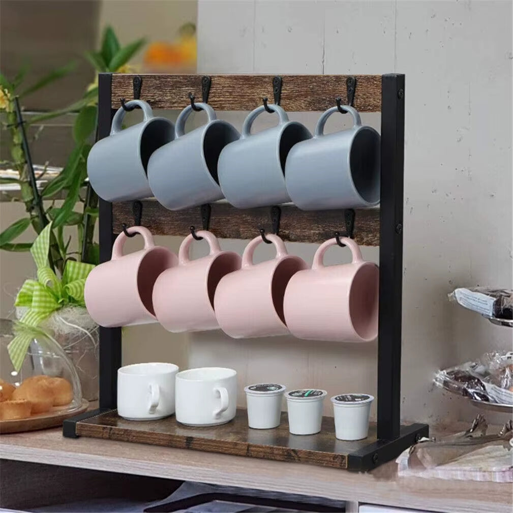Vintage Wood Coffee Mug Holder Stand 2 Tier Countertop Mug Tree Holder Rack with 16 Hooks Hangers