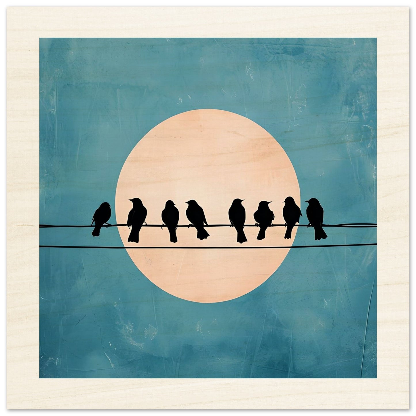 Wooden artwork of birds on a wire with a moon in the background