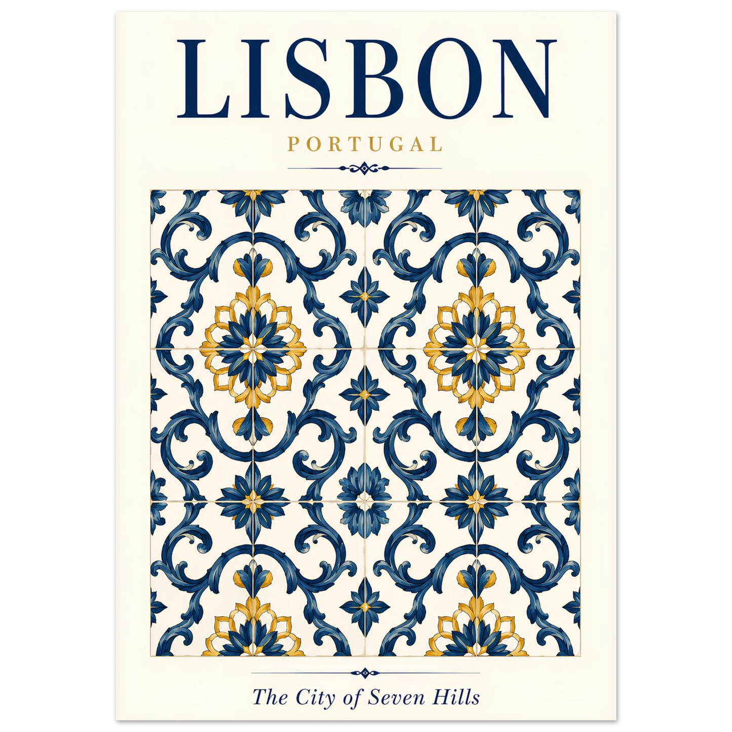 Lisbon wall art print featuring an intricate blue, white and yellow Portuguese azulejo tile design.