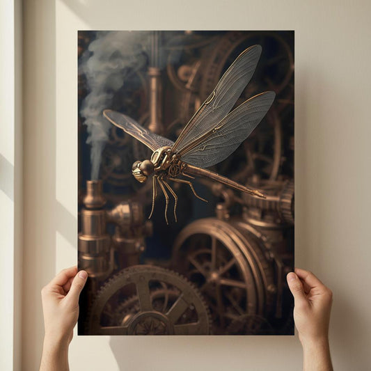 Steampunk-style dragonfly with gears and steam on a dark background