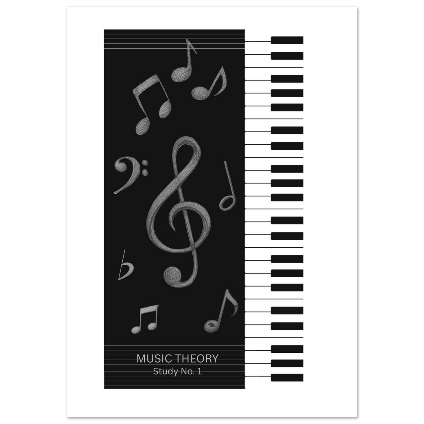 Music theory book cover with musical notes and piano keyboard design on a black background