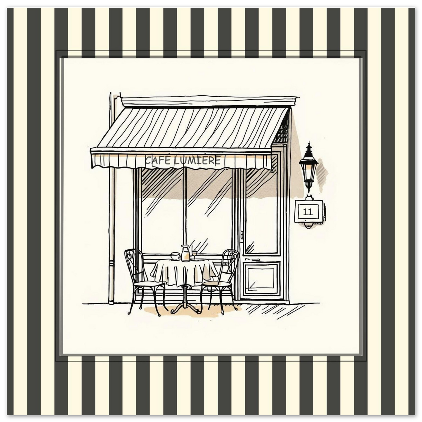 Close-up of Café Lumière Paris square art print with striped border