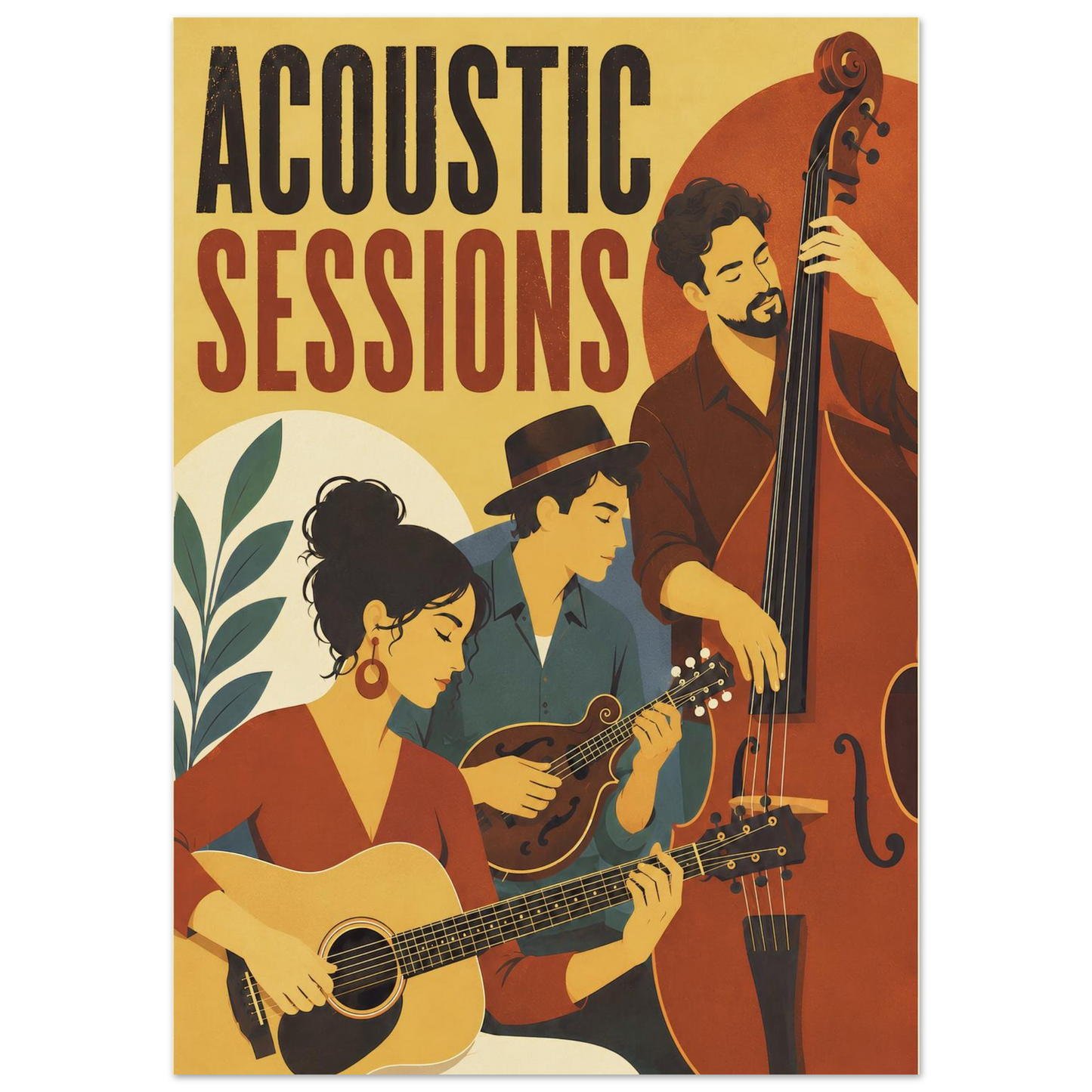 Close-up of the Acoustic Sessions wall art featuring three stylised musicians playing acoustic guitar, mandolin and upright double bass.