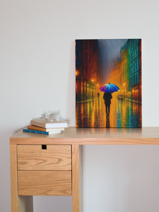 Colorful rainy city street art print with umbrella figure displayed on a wooden desk beside stacked books and a ceramic coral ornament