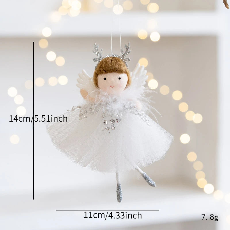White angel figurine with measurements against a blurred light background