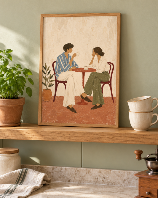 A framed art print depicting a couple sitting at a table, displayed on a wooden shelf in a styled kitchen setting with a potted plant and ceramic mugs.