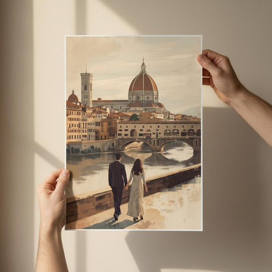 Romantic Florence wall art featuring a couple by the Arno River with the Duomo and Ponte Vecchio in warm vintage tones. Elegant Italian city decor.