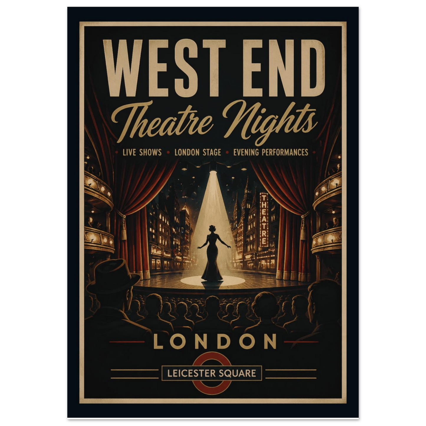 Poster advertising West End Theatre Nights with a stage and curtain design.