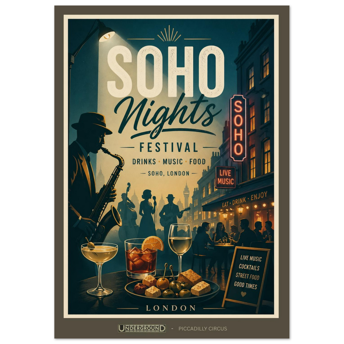 Poster for Soho Nights Festival with a saxophonist, drinks, and people in a city street setting.