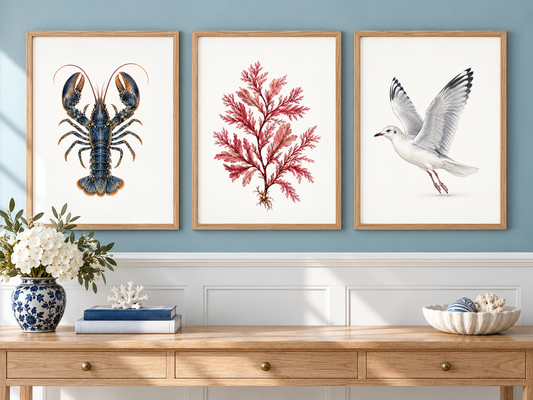 Three framed art prints featuring a lobster, red seaweed, and a seagull, displayed on a light blue wall above a wooden console table with decorative items.
