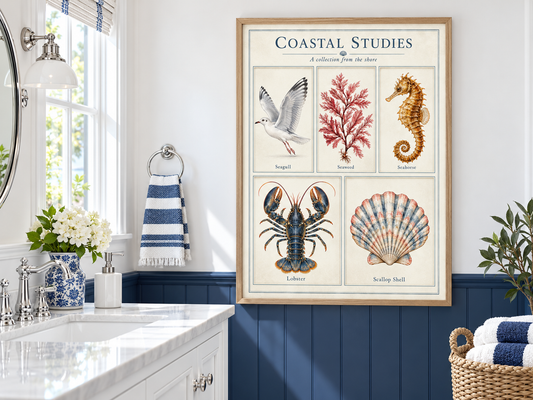 A framed vintage-style nautical art print titled 'Coastal Studies' hangs on a bathroom wall above a white vanity. The print features illustrated seagull, seashell, lobster, seahorse, and red coral.