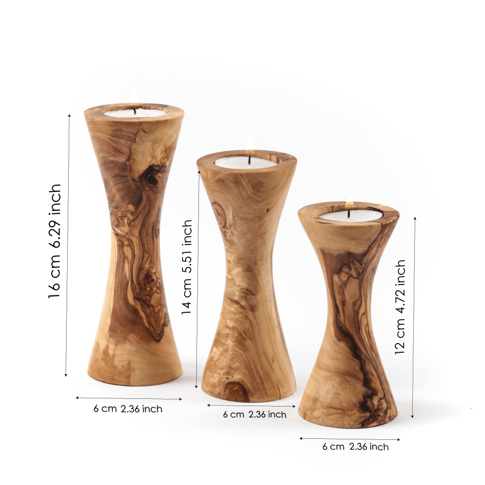 Set of 3 Handcrafted Olive Wood Candle Holders – Natural Rustic Decor