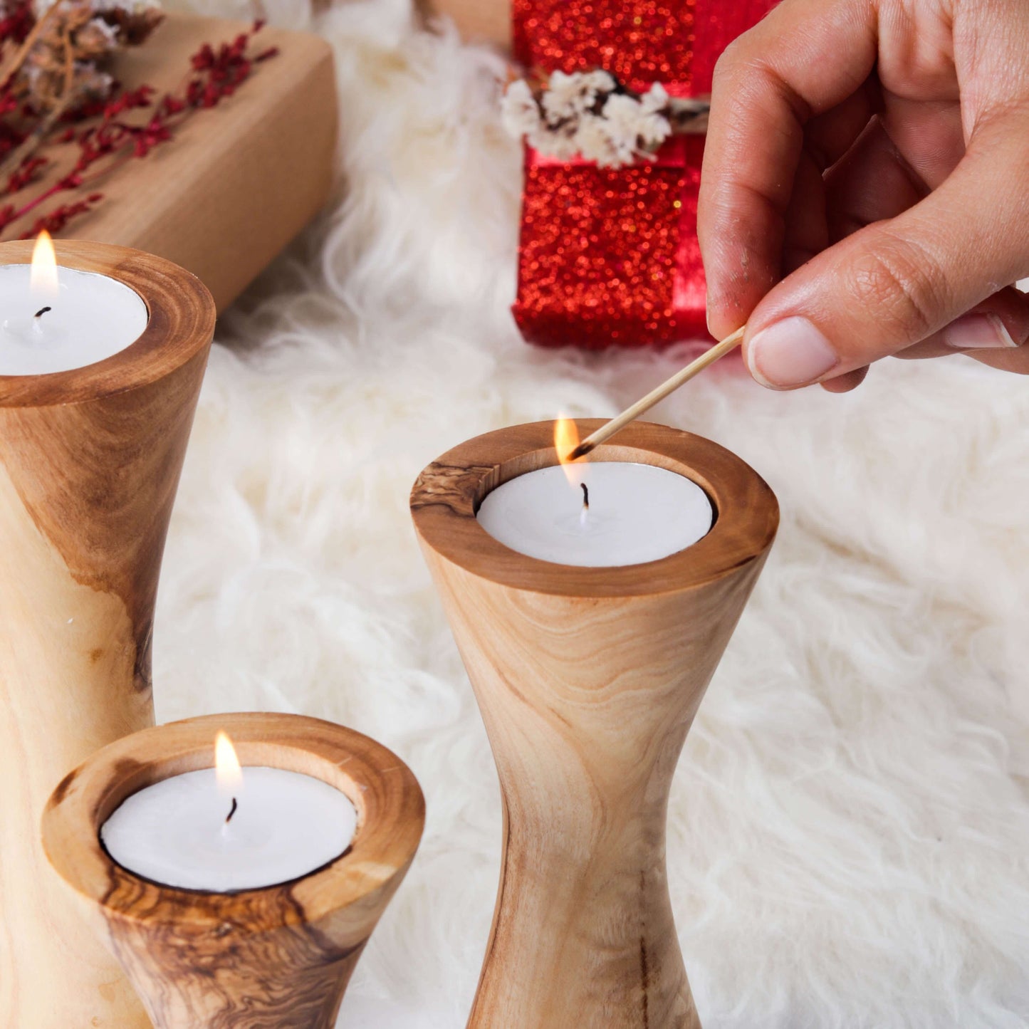 Set of 3 Handcrafted Olive Wood Candle Holders – Natural Rustic Decor