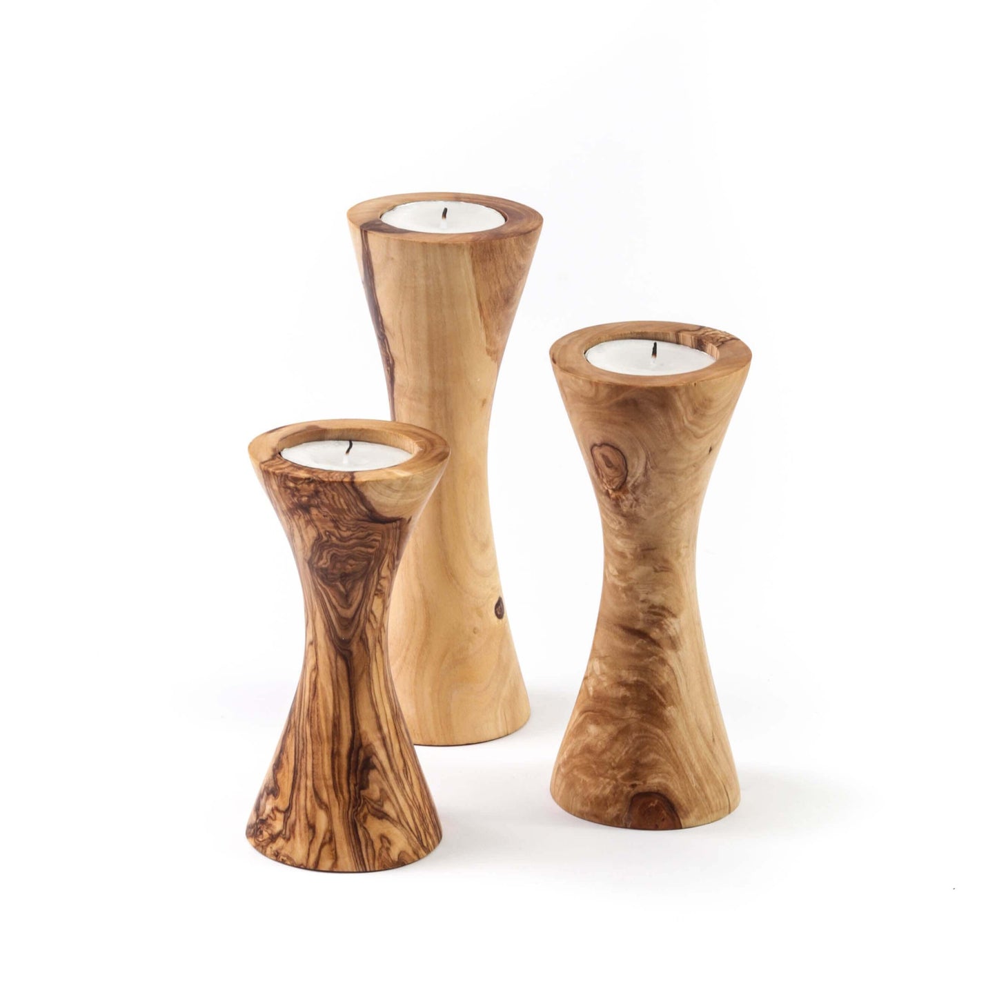 Set of 3 Handcrafted Olive Wood Candle Holders – Natural Rustic Decor