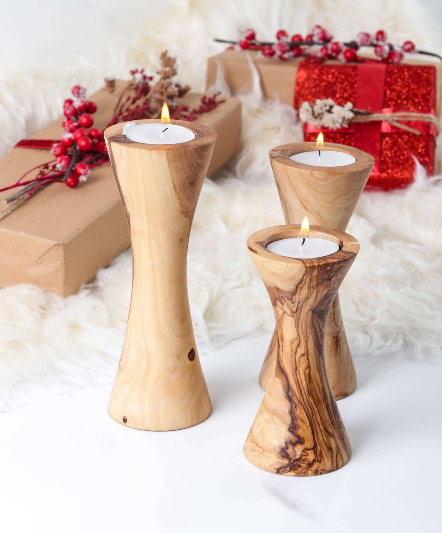 Set of 3 Handcrafted Olive Wood Candle Holders – Natural Rustic Decor