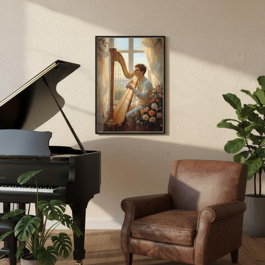 Living room with a grand piano, brown armchair, and framed artwork of a man playing a harp.