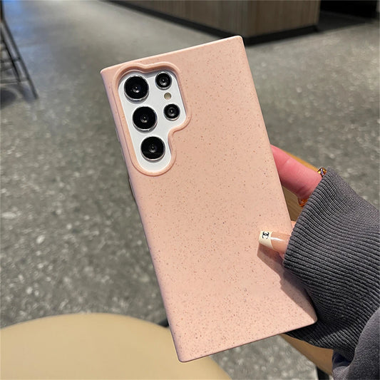 Eco-friendly degradable wheat straw Samsung phone case in multiple colours. The phone shown is in pink