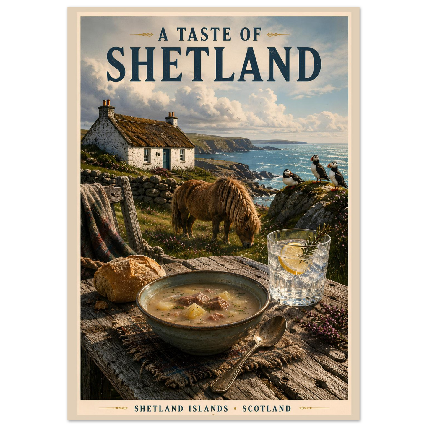 A Taste of Shetland vintage travel poster against a clean white studio background