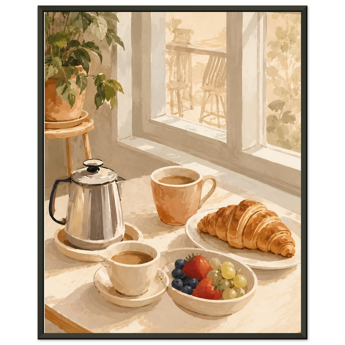 Breakfast scene with coffee, croissant, and fruits on a windowsill.