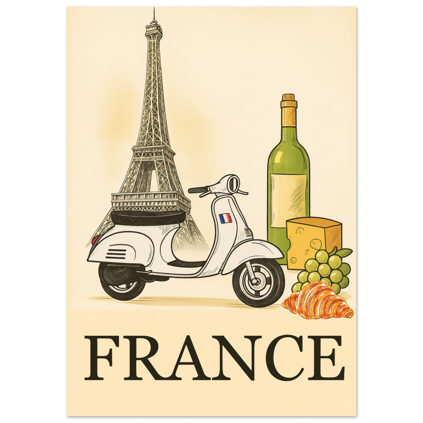 Vintage France Travel Poster - Paris Wall Art with Scooter, Wine & Cheese - Charming Home Decor