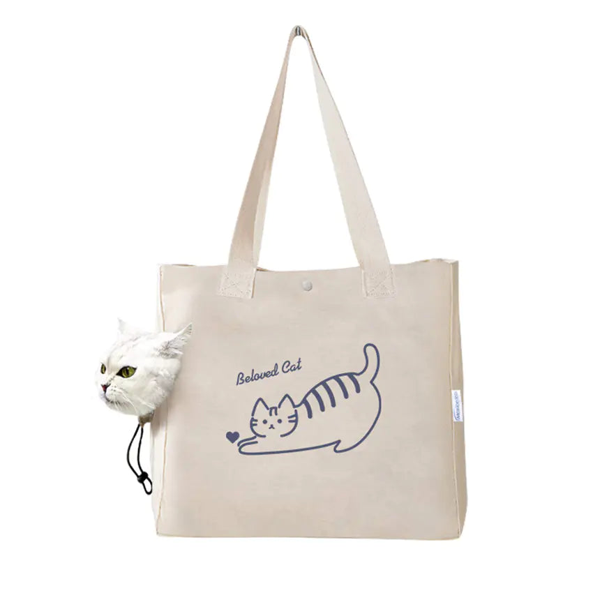 Beige tote bag with cat design and text 'Beloved Cat' on a white background